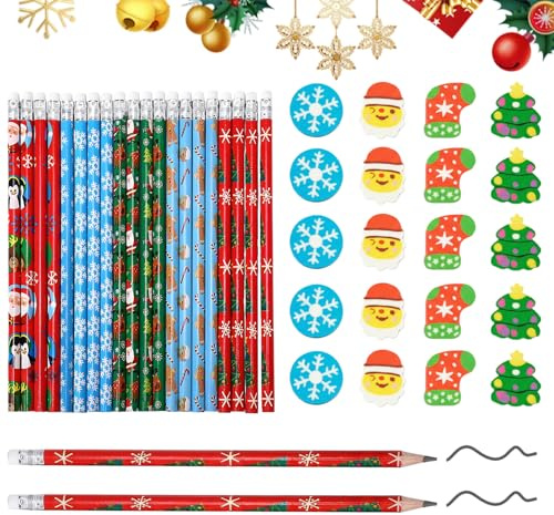 Huahuanghui 20 Pièces Crayon avec Gomme de Noël + 20 Pièces Mini Gommes de Noël Nouveauté,Crayons de Bois Noel,Mini Gommes Mignonnes,Cadeau de Noel,pour Noël,Fête,Étudiants,Fournitures Scolaires