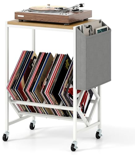 COSTWAY Record Player Stand, Rolling Turntable Stand End Sofa Side Table with Vinyl Shelf, Magazine Holder and Wheels, Albums Vinyl Record Storage Cabinet for Living Room Bedroom (Natural+White)
