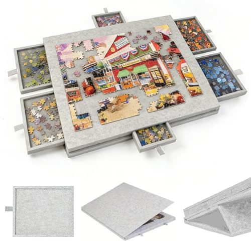 Puzzletisch 1000 Teile, Tragbarer Puzzlebrett mit 6 Schubladen, Leichter Filz-Aufbewahrungskoffer, Tragbare Puzzle Aufbewahrung für 1000 Teile, Kippbarer Puzzletisch, für Erwachsene Kinder (Grau)