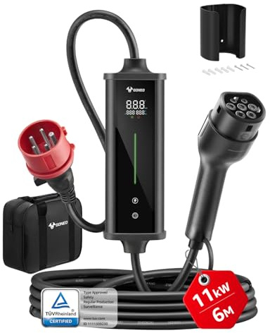 GONEO Mobile Wallbox 11 kW, IP66 Wasserdicht, 16A CEE-Stecker, 6m Typ 2 Ladekabel, 3-phasig, 6–16 A Einstellbar, LCD-Display und Timer, Tragbares EV-Ladegerät für Elektrofahrzeuge und PHEV