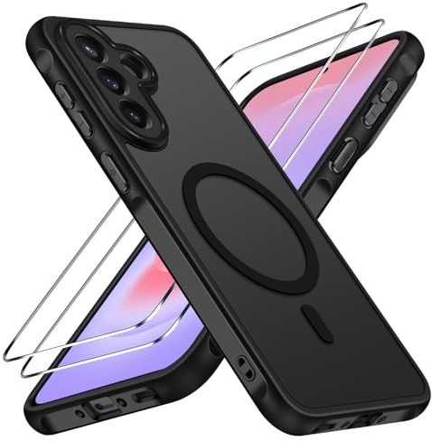 ivoler für Samsung Galaxy A37 5G Hülle, 1 Magnetisch Handyhülle mit 2 Stück Panzer Schutz Glas, [Kompatibel mit MagSafe] [Militärnorm Sturzschutz] Stoßfest Schutzhülle Silikon Case Matt Schwarz