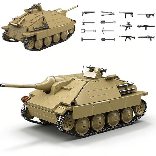 Technik Panzer Bausteine mit 3 Minifiguren, Jagdpanzer 38(t) Hetzer Modell | 702 Teile WW2 Panzer Klemmbausteine Set, Militär Jagdpanzer Modell Spielzeug für Heim Regal Dekor, Geschenk für Panzer Fans