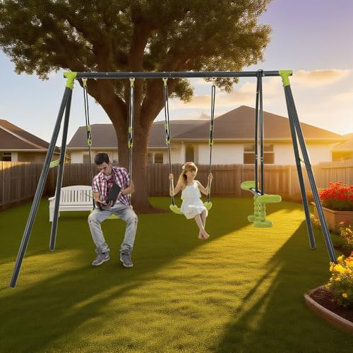 Balançoire Extérieure Triple Enfants en Métal - Portique Acier pour Jardin, Capacité de Poids 200kg (440lbs), 3 Places Face à Face avec Planches Courbées, Enfants de 3 Ans et Plus et Adultes