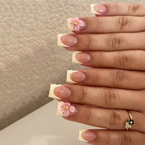 Ceboic 24Pcs Press on Nails Medium Square, Yellow French Tip False Nails with 3D Flower and Gold Beads Design, Elegant Acrylic Fake Nails, Reusable Full Cover Glue on Nail for Women Girls Daily Wear