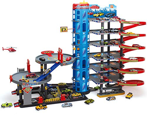 Parktower Spielset mit 9 Ebenen – inkl. 6 Metallautos & Hubschrauber – Parkhaus mit Fahrstuhl, Tankstelle, Werkstatt & Waschstraße – großes Parkgarage Spielzeug für Kinder