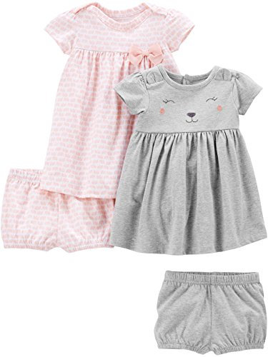 Simple Joys by Carter's Ensemble de Robes Sans-Manches et à Manches Courtes Bébé Fille, Lot de 2, Gris Imprimé Ours/Rose Éléphants, 0 mois
