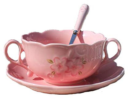 YBK Tech Breakfast Cup Bone China Porcelain Dessert Bowls Soup Mug with Saucer and Spoon (Pink)