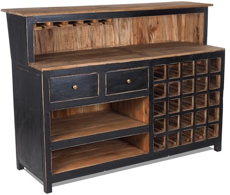 Armoire de bar design vintage PUREWOOD | 150 x 110 x 55 cm (l x H x P) | Mini bar en bois recyclé | Comptoir de vente, comptoir de caisse, objet de décoration emblématique | Couleur : 09 Vaudou – Noir