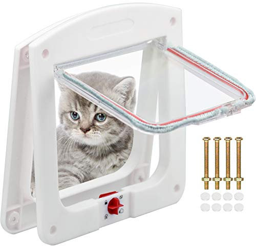 Haustiertür, Klassische Katzenklappe mit 4-Wege-Verriegelung, einfache Installation, langlebig für Katzen, Tunnel im Lieferumfang enthalten, Weiß, 20 x 22 cm