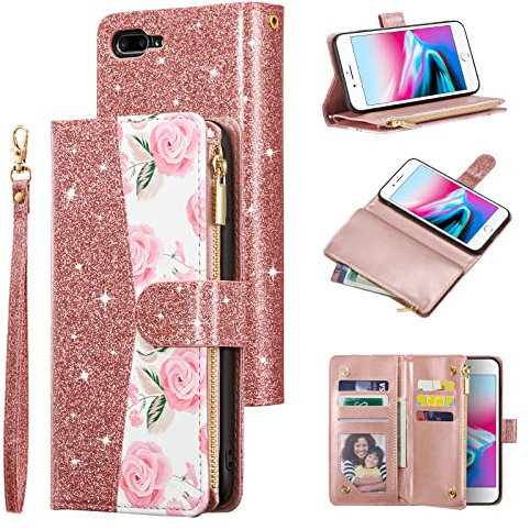 UEEBAI Wallet Case for iPhone 7/8/SE 2022 5G/SE 2020, Glitter PU Leather Magnetic Zipper Case Kickstand Card Slots Wrist Strap TPU Folio Flip Cover for iPhone SE3/SE2 -Rose Gold#1