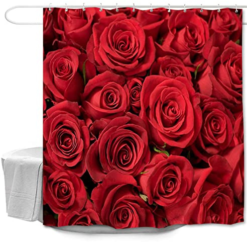 Odot Duschvorhang Wasserdicht Antischimmel, Rose Blume Drucken Duschvorhänge für Badewannen Bad Vorhang mit Duschvorhangringe, Waschbar Badewanne Vorhang (180x200cm,Rote Rosen-Blume)
