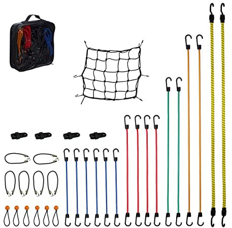 Relaxdays Spanngummi 34er Set, Gepäckspanner, Planenclips, Gepäcknetz, Tragetasche, Universal Expander, Mehrfarbig