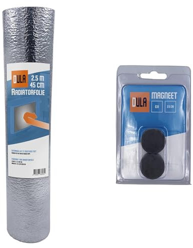 DULA Heizkörperfolie - 2,5 mx 45 cm - 1 Rolle mit 12 starken Magneten - Isolierfolie