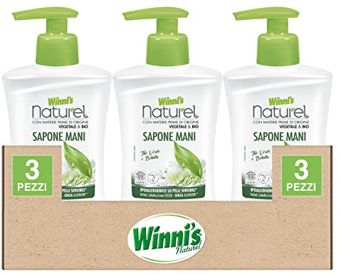 Winni's Naturel Sapone Mani Bio Ipoallergenico per Pelli Sensibili Detergente per Igiene Morbidezza della Cute Dermocompatibile Fragranza Thè Verde e Betulla - 3 Flaconi da 250ml