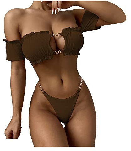 QWUVEDS Steinhart Uhren Badebikini Damen Rüschen Metallkette hoch geschnitten gerippt Set Bikinis Bademode Anzüge Bandeau Swimwears Tankinis Set Herrenarmbanduhren Mit Licht