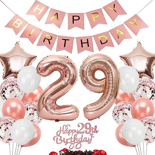 Feelairy 29. Geburtstag Deko Set für Frauen: Rosegold Luftballons, Banner, Sterne, Konfetti, 22 Stück