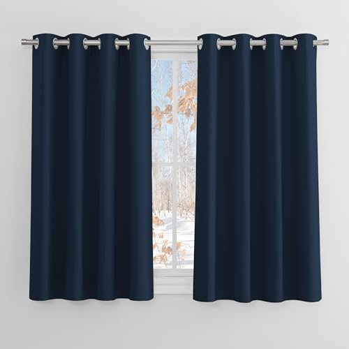 PONY DANCE Verdunklungsvorhänge Kurz Ösenvorhang 2er Set H 137 x B 132 cm Kurze Gardinen Blickdicht Thermovorhang mit Ösen Vorhang Wärmeisolierend, Dunkelblau