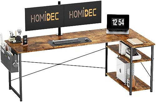 HOMIDEC L Shaped Desk 160CM Computer Desk Study Office Table Writing Table With Bookshelf Reversible Corner Workstation For Home Office