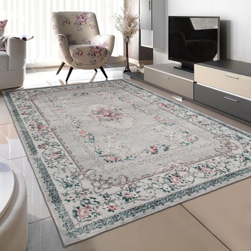 TALETA Teppich Wohnzimmer waschbar rutschfest, Kurzflor Teppich Schlafzimmer, Vintage Teppich orientalisch, Carpet Living Room, Groß: 120 x 170 cm, grau