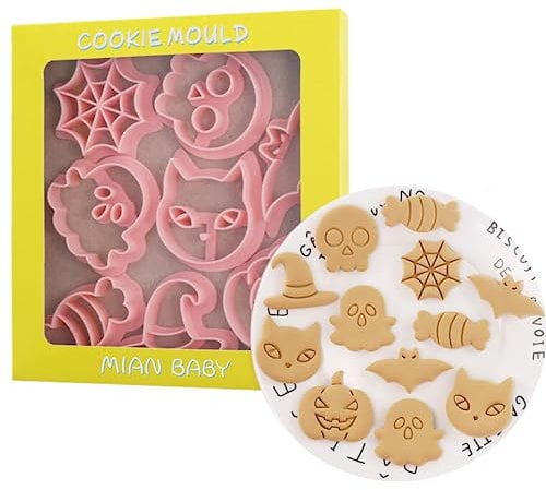 8 piezas de cortadores de galletas de Halloween con forma de Halloween, juego de sellos de plástico para galletas, cortador de galletas de repostería prensable decoración para hornear