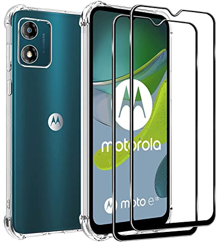 MZBESTCable Coque pour Motorola E13 +Verre Trempé/Film Protection écran 2 Pièces,Coque Transparente Moto E13 6.5”,Souple TPU Housse Etui-Shock-Absorption Case Cover