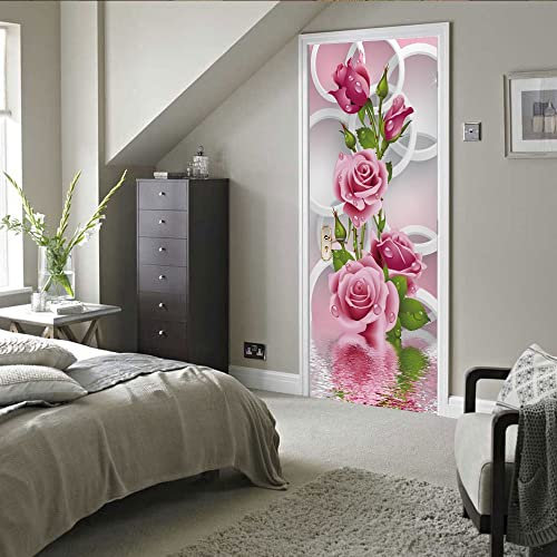 Fridge Stickers to Cover Full Doors 50x125cm(19.68 inches * 49.21 inches) Rose Pink Door Wallpaper 3D Effect Waterproof Self-Adhesive Inner Door Wall Decals for Home Decoration