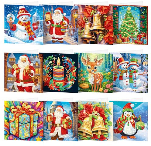 SHEPIN 12 Stück Diamond Painting Weihnachtskarten, Diamond Painting Karten mit Blanko Umschlag, 5D DIY Diamond Painting Weihnachten Grußkarten Geschenk für Freunde und Familie