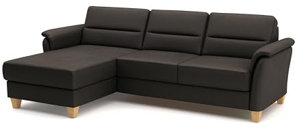 CAVADORE Leder-Eckcouch Palera mit Longchair / Landhaus-Sofa mit Federkern + massiven Holzfüßen / 244 x 89 x 163 / Leder Dunkelbraun