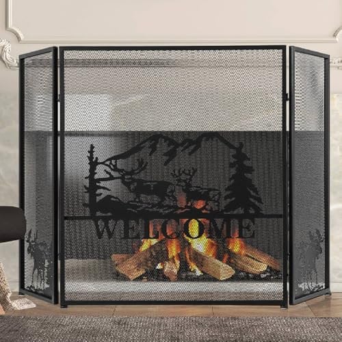 TANGZON 3 Panel Folding Fire Guard, Metal Fireplace Screen with Flexible Hinges, Natural Scenery & Moose Pattern, Spark Flame Barrier Fire Panels for Coal Firing Stoves Grills (Flat Top, 132 x 79cm)