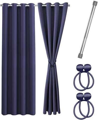 Cozyor Praktisches Set ohne Bohren: 2X Vorhang + 1x Klemmstange Silber 111-200 cm + 2X Raffhalter mit Magnet Blickdicht & verdunkelnd, als Raumteiler, Fenster & Tür Blau Thermovorhang 220x135cm