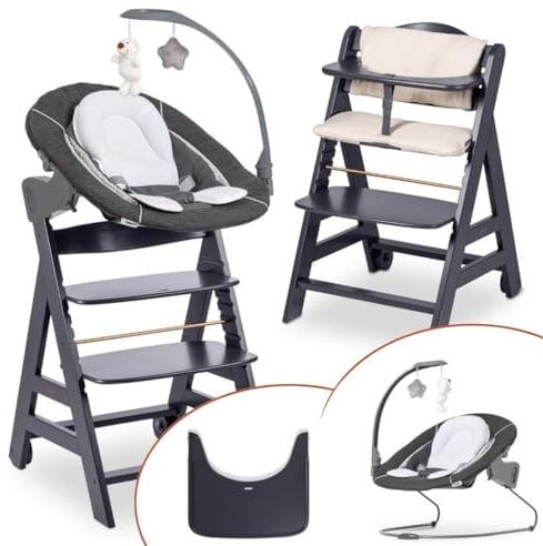 hauck Hochstuhl Beta+ Newborn Set Deluxe - Babyhochstuhl Set ab Geburt mit Neugeborenen Aufsatz Bouncer, Sitzpolster und Essbrett - Dark Grey