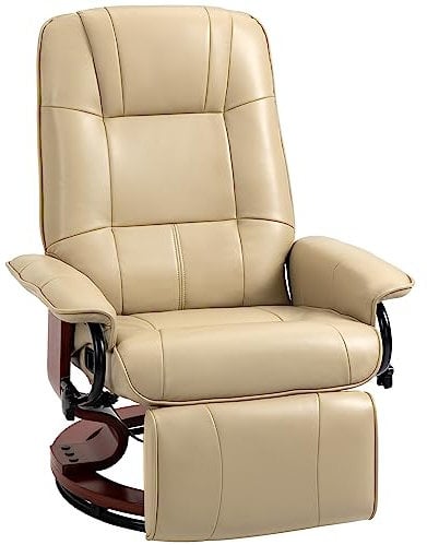 HOMCOM Fauteuil Relax inclinable Fauteuil de Salon Repose-Pieds réglable pivotant 360° piètement Bois revêtement synthétique crème