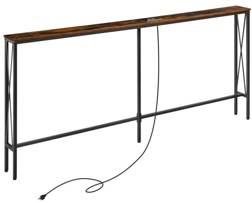 ELYKEN Table console étroite de 15 cm avec prises de courant, 15 cm de profondeur x 180 cm de large x 80,9 cm de haut, derrière le canapé avec station de charge et rallonge de 2,5 m, marron rustique