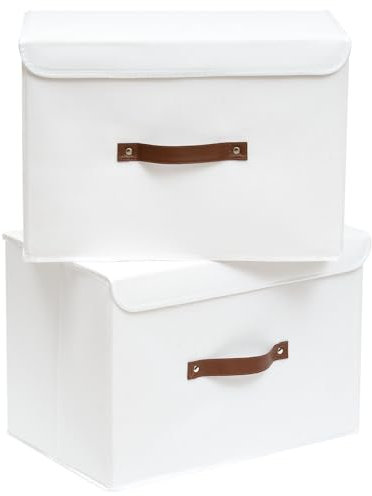 Yawinhe Collapsible Storage Box, Fabric Bin with Lids 2 Pack, Closet Baskets with Handle, for Organizing Clothes, 38x25x25cm, White, SNK018WL-2
