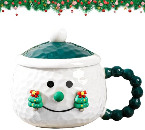 Tasse à café de Noël en céramique avec couvercle en forme de bonhomme de neige - 400 ml - Tasse à thé pour Noël - Tasse à café pour l'hiver - Cadeau fantaisie pour Thanksgiving, Noël (vert)