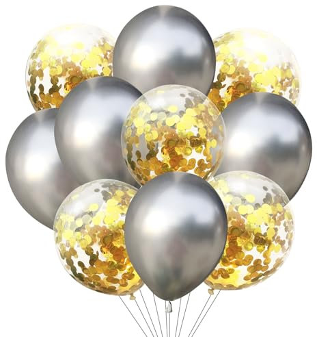 KOBOKO Luftballons Silber Set, 10 Stk Silber Ballons Konfetti Gold Deko Silberhochzeit, Silberne Luftballons Geburtstagsdeko Silber, Helium Ballons Metallic Silber Konfetti Luftballon Gold Deko Party