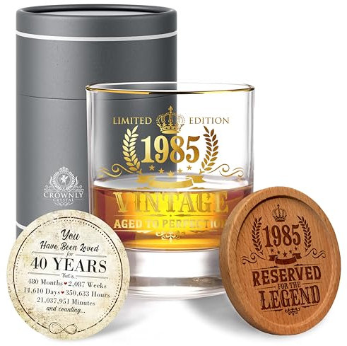 CROWNLY CRYSTAL® 1985 Cadeau Homme 40 Ans Verre À Whisky Personnalisé Anniversaire Décoration Original