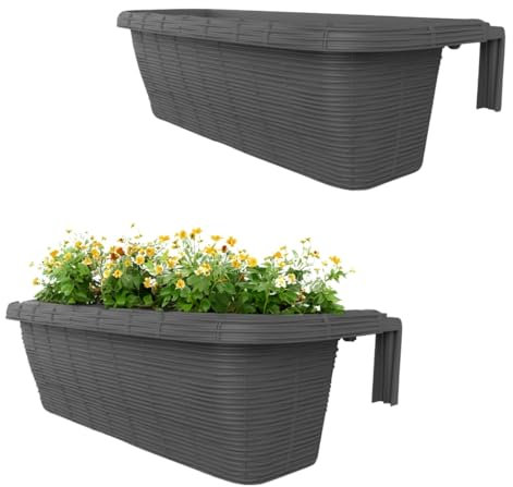 GarPet 2X Blumenkasten Balkongeländer Balkon Blumenkasten Balkonkasten mit Halterung Geländerkasten mit Wasserspeicher Rattan Optik Anthrazit 60 cm