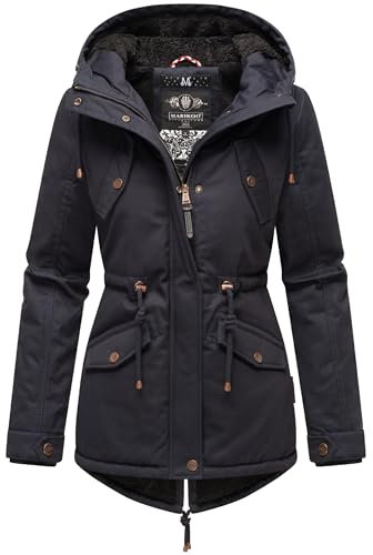MARIKOO Damen warme Winterjacke mit kuscheliger Verstellbarer Kapuze Manolya Blue with Black fur Gr. S