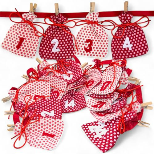 MIJOMA Adventskalender zum Befüllen – 24 Baumwollsäckchen mit Filzzahlen und Juteschnur, Weihnachtskalender Stoff und Jute, 9x11 cm, DIY-Adventskalender (Rot/Weiß mit Punkten)