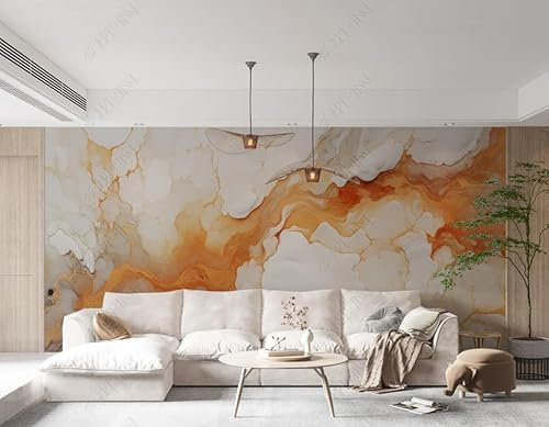 Fototapete 3D Effekt Tapete Orange Weißer Marmor Vlies Tapete Wohnzimmer Schlafzimmer Wandtapete Wandbilder Wand Dekoration 300Cm(B) X210Cm(H)