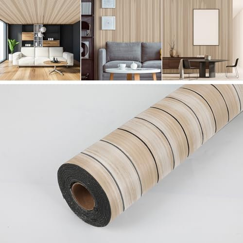 3D Wood Effect Self Adhesive Wallpaper, 40cm x 3m Wooden Slats Wrap Wall Paper Peel and Stick, Waterproof Faux Wood Panel Wall Covering Paper Roll for Living Room, Bedroom, Furniture (Light Brown)