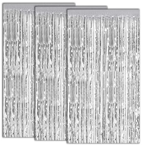 YYTOL Lametta Vorhang Silber Glitzervorhang Geburtstag Glitzer Lametta Vorhänge Silber Folien Fransen Vorhänge Hintergrund für Geburtstagsdeko 3 STK