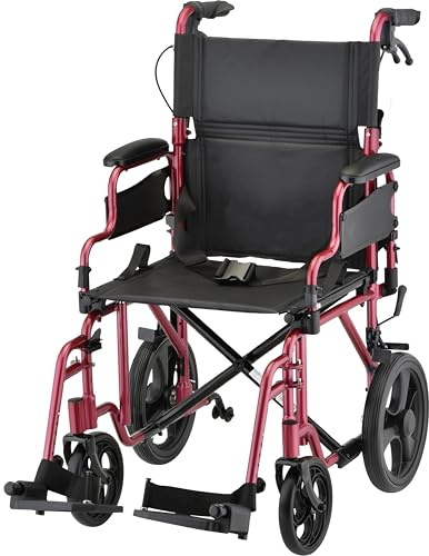 NOVA Lightweight Folding Transport Chair – Aluminum Travel Wheelchair with Flip-Up Desk Arms, One-Grip Locking Handbrakes, 8” Front & 12” Rear All-Terrain Wheels – Supports Adults Up to 300 lbs – Red