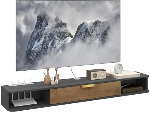 HOMCOM 140 cm Floating TV Stand Cabinet, Wall Mounted TV Cabinet with Open Compartments and Flip Door, Modern Entertainment Media Console for Living Room, Charcoal Grey
