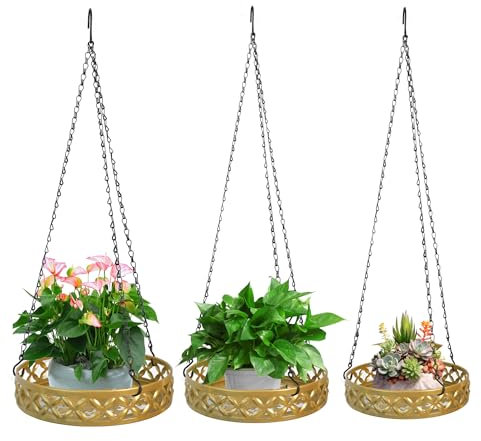 Fiita 3 hängeblumentopf mit Holzsockel, Metallring und Aufhängeschlaufe, runde hängende Pflanzgefäße für den Innenbereich, Schwarze hängende Pflanzgefäße für Wände und Decken