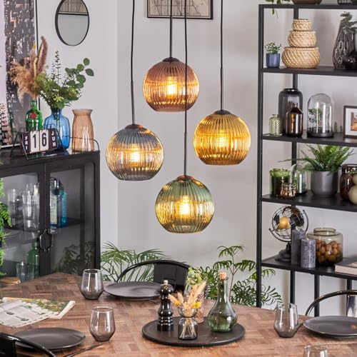 HOFSTEIN Hängeleuchte Koyoto, 4-flammige Hängelampe aus Metall/Riffelglas in Schwarz/Blau/Grün/Gold/Kupfer, Pendelleuchte im Retro/Vintage-Design (Schirme Ø 20 cm), E27, Esszimmer, Küche, Wohnzimmer