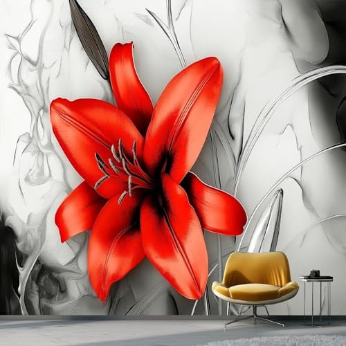 Vlies-Fototapete 200 x 140 cm, Abstrakte Kunst Rote Lilie Motiv, Wasserdichte Wanddeko für Spielzimmer und Akzentwand, Rot Grau