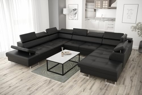 Friderik Galaxy MAX I Ecksofa mit Schlaffunktion, 280x350x225 cm, Stoff Madrit, Bettkasten, verstellbaren Kopfstützen & Armlehne (Schwarz, Links)
