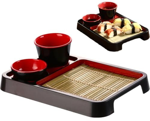 Uzztfa Japanese Soba Noodle Plates with Dipping Cup Set Drain Mat Sushi Serving Trays for Home Restaurant Kitchen